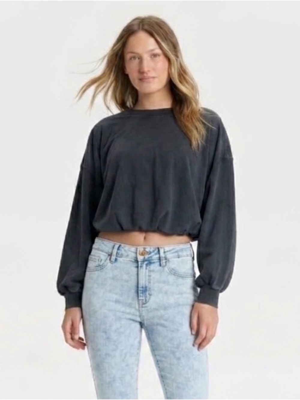 NWT JoyLab Washed Black Cropped Bubble Hem Lightweight Cotton Blend Sweatshirt